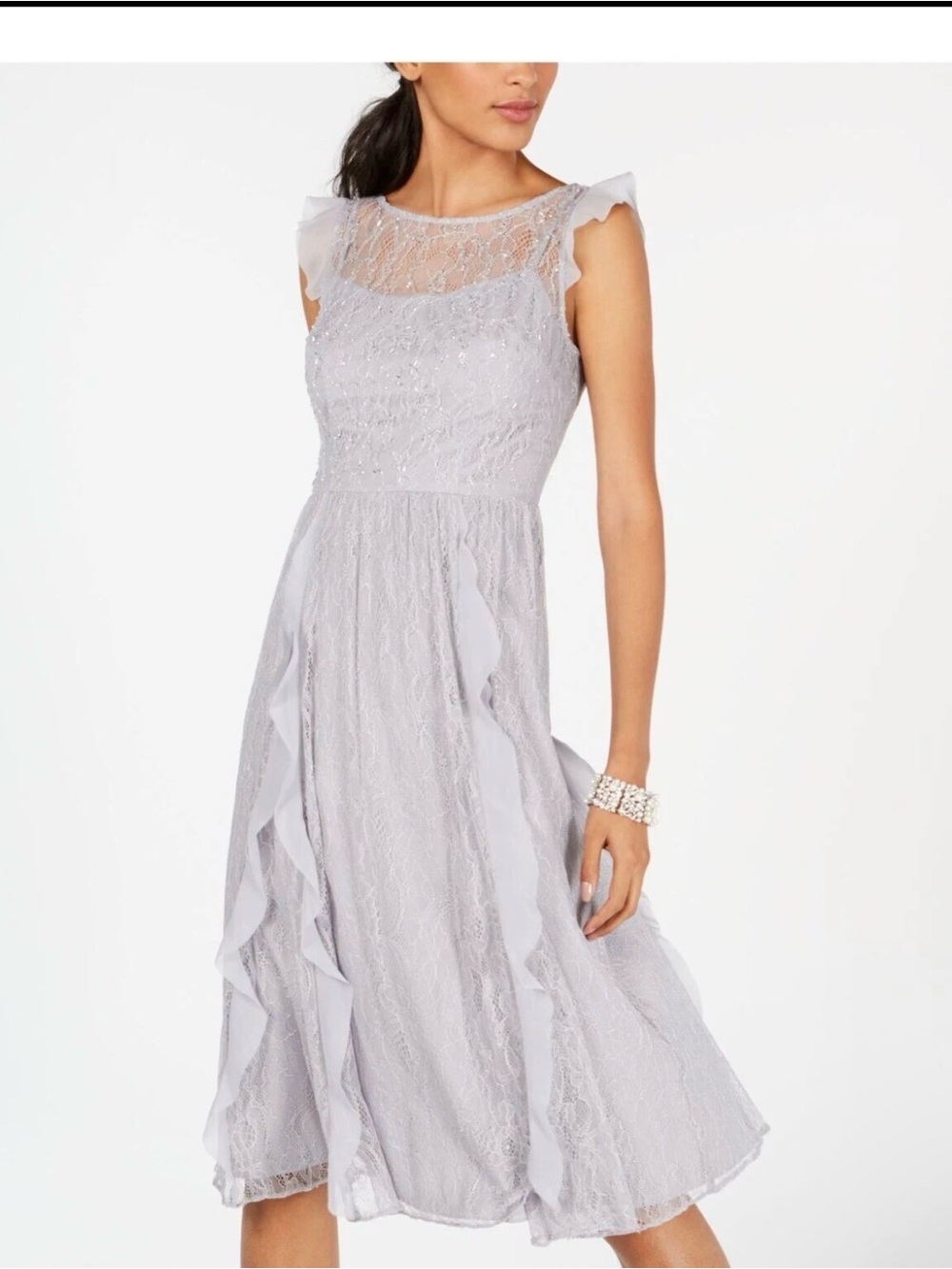 Adrianna Papell Size 4 NWT Silver Gray Lace Ruffle Midi Cocktail Dress GALA MOB